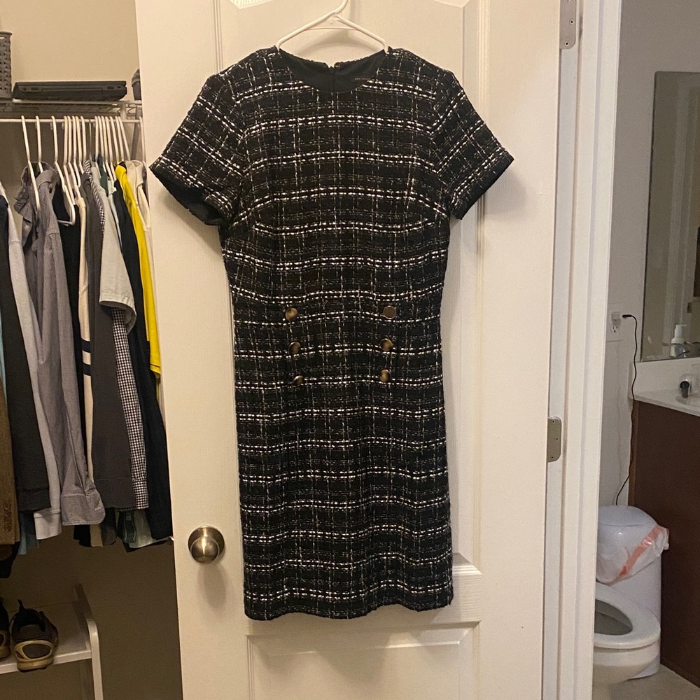 Ann Taylor Black and White Fitted Tweed Dress with Buttons